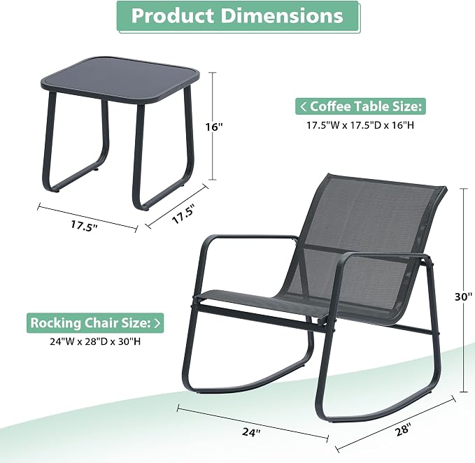 Ainfox 3 Piece Patio Furniture Set, All Weather Textile Outdoor Conversation Set with Rocking Bistro Chairs and Table, Small Patio Bistro Set for Backyard, Lawn, Garden, Poolside (Black)