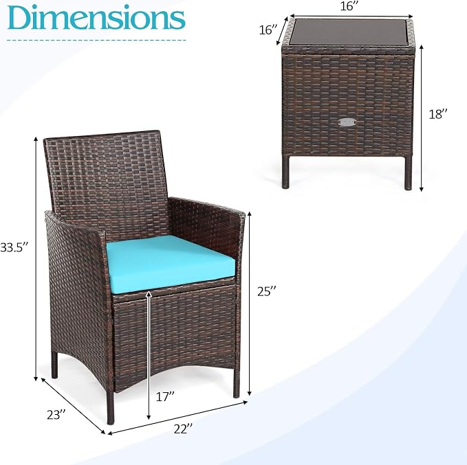 COSTWAY 3 Pieces Patio Rattan Furniture Set, Outdoor Wicker Cushioned Sofa with Tempered Glass Tabletop, Rattan Conversation Set for Porch Yard Balcony Backyard Pool, Turquoise