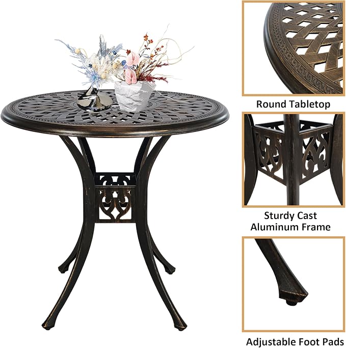 30.7" Outdoor Round Cast Wrought Aluminum Patio Metal Dining Table with Umbrella Hole, Cast Aluminum Frame Bistro Table for Backyard Lawn Balcony Deck, Bronze