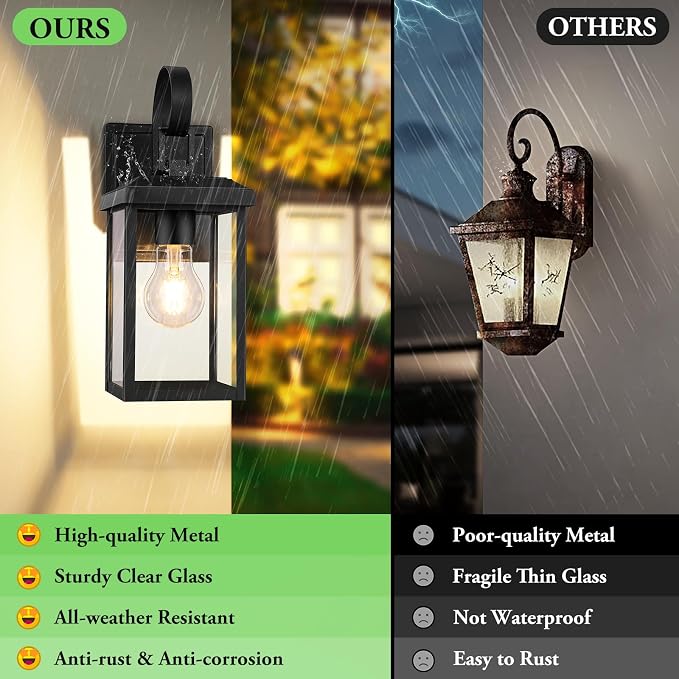 BesLowe 2-Pack Outdoor Wall Light Fixtures, Modern Porch Sconces, Black | Waterproof, Rust-Resistant, Durable Metal with Clear Glass, Standard E26 Socket, Easy to Install