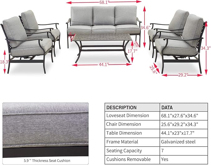 Patio Conversation Set 6 Pieces Cushioned Outdoor Metal Furniture Sets with All Weather Galvanized Steel Frame (Grey)