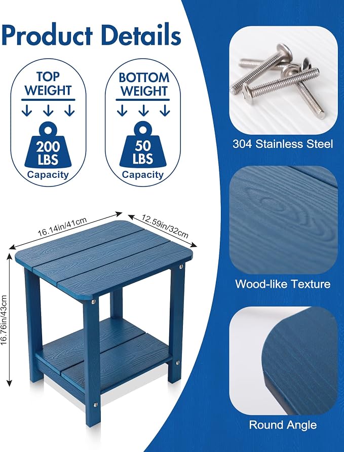 Tikea Adirondack Outdoor Side Table, 2-Tier 16.7" End Table for Patio Pool Porch, All Weather Resistant Outdoor Patio Furniture Navy Blue