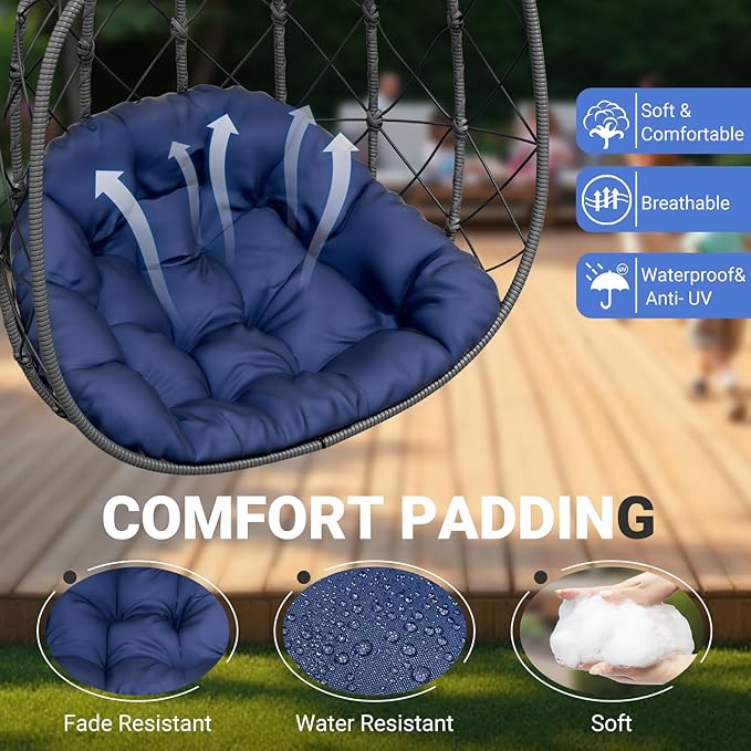CHABATREE Double Egg Swing Chair with Stand - 2 Person Outdoor Patio Hanging Wicker Hammock Chair with Cushion, Dark Grey, for Garden, Lawn, Bedroom, Indoor/Outdoor Use