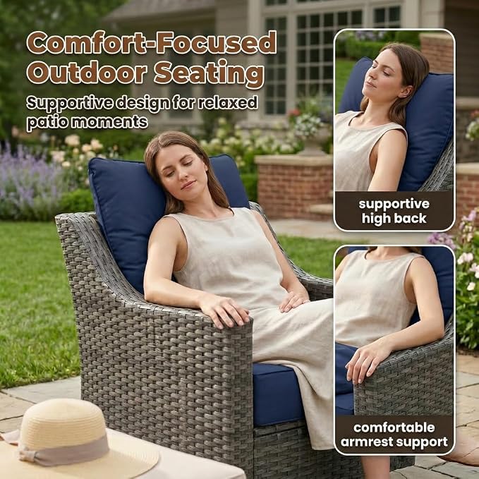 6-Piece Outdoor Patio Furniture Set, Grey Wicker Conversation Set with 4 Swivel Chairs and 2 Side Tables, 6-Inch Blue Cushions for Porch, Deck, Backyard