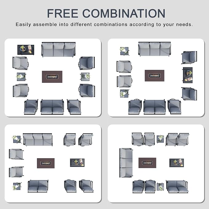 12 Pieces Patio Furniture Set, Metal Outdoor Conversation Sets with Fire Pit Table and Swivel Chairs for Backyard Garden Deck Porch Poolside (Thick Gray Cushions)