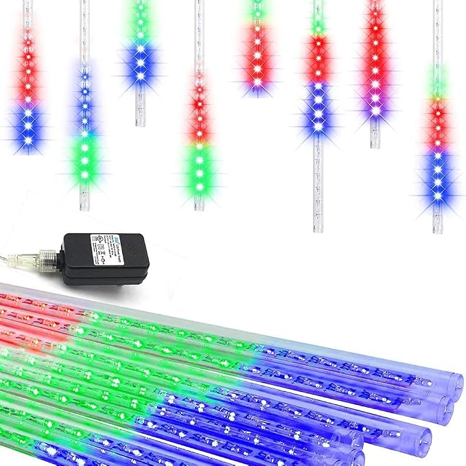 Weepong Meteor Shower Lights UL Certified 192LEDs 8 Tubes Falling Rain Drop Christmas Icicle Cascading Lights for Xmas Tree Halloween Decorations Wedding Party Holiday Garden Decor, Multicolor