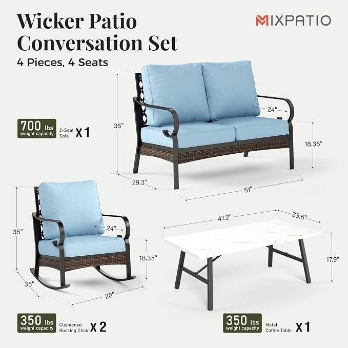 MIXPATIO Patio Furniture Set with Coffee Table, Outdoor Conversation Set with 2 x Rocking Chair, 1 x 2-Seat Sofa for Lawn Garden Backyard, Blue