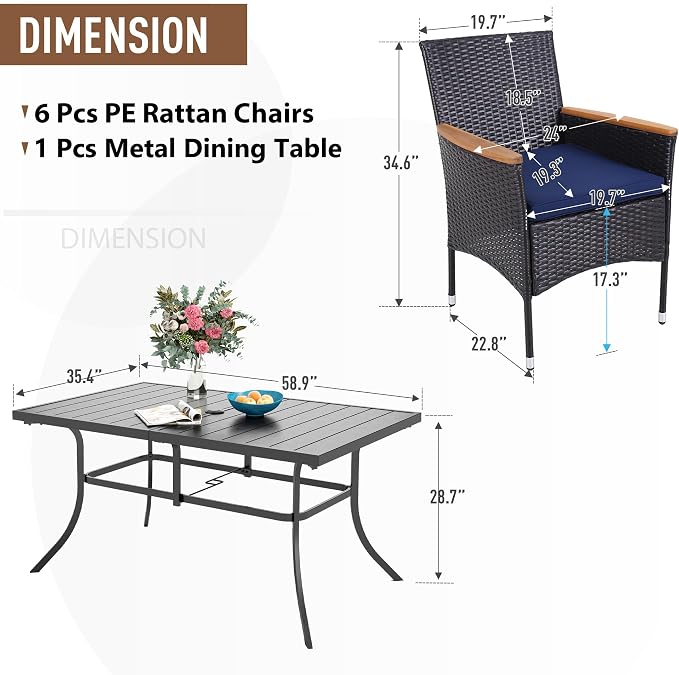 Sophia & William 7-Piece Patio Dining Set, Metal Table, PE Wicker Chairs | All Weather Patio Table and Chairs Set for 6, Perfect for backyard, deck, porch