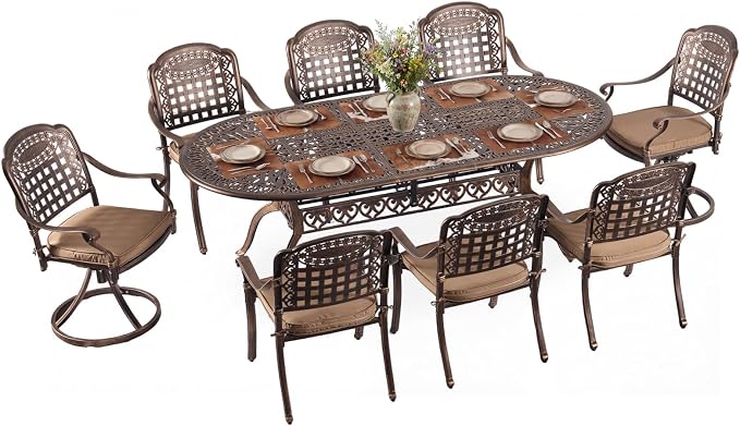 Redlife 9-Piece Cast Aluminum Outdoor Dining Set, 86" Oval Patio Table with Umbrella Hole, 2 Swivel Rocker Chairs & 6 Stackable Chairs with Cushions, Lattice Backrest, All-Weather Waterproof