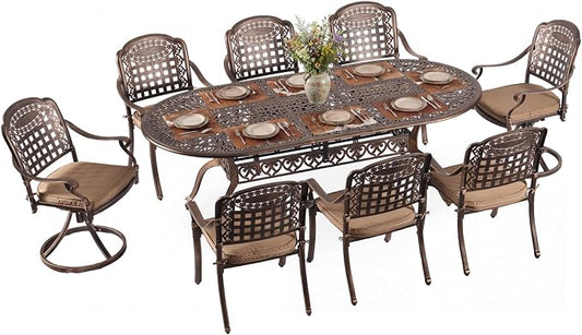 Redlife 9-Piece Cast Aluminum Outdoor Dining Set, 86" Oval Patio Table with Umbrella Hole, 2 Swivel Rocker Chairs & 6 Stackable Chairs with Cushions, Lattice Backrest, All-Weather Waterproof