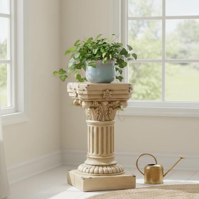 Merax 16.73" H Corinthian Pedestal Plant Stand, MGO Decorative Pedestal Side Table for Indoor Outdoor Entryway Garden Home, Antique Yellow, No Assembly Needed
