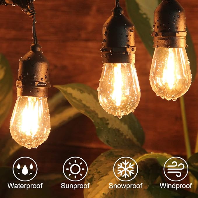 12FT Outdoor String Lights with 5 LED Edison Bulbs 2W Shatterproof | Commercial Grade Waterproof Outside Light 2700K Warm White for Bistro Gazebos Porch Patio Garden
