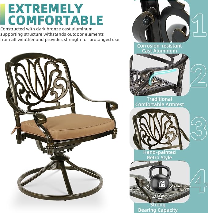 MEETWARM Outdoor 9-Piece Patio Dining Set, All-Weather Cast Aluminum Patio Conversation Set- 8 Cushioned Swivel Rocker, 61" Round Patio Dining Table w/Detachable Lazy Susan/Umbrella Hole, Dark Bronze