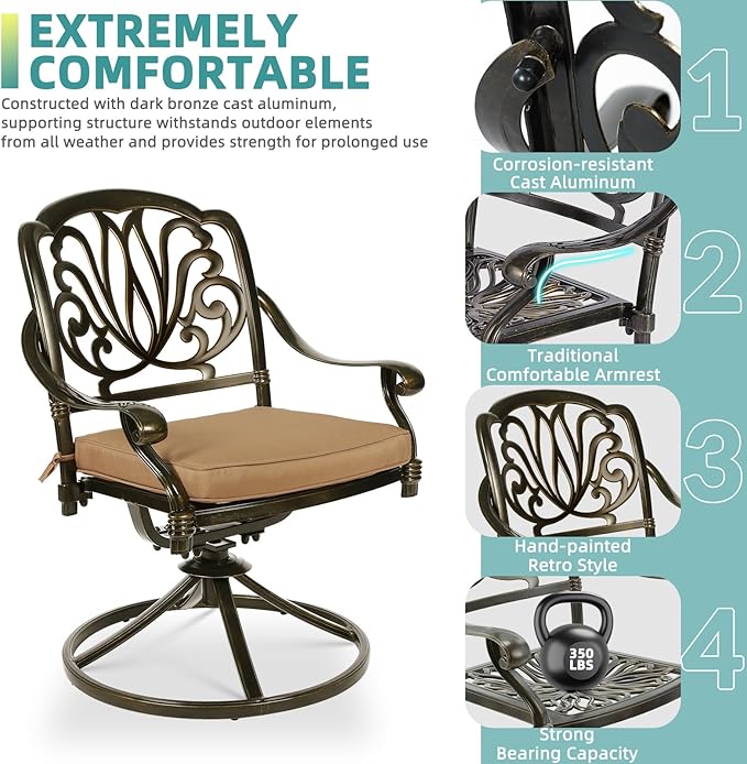 MEETWARM 7-Piece Outdoor Patio Dining Set, All-Weather Cast Aluminum Patio Conversation Set for Backyard Garden Deck with 6 Cushioned Swivel Rocker Chairs, 1 Rectangular Table, 2" Umbrella Hole