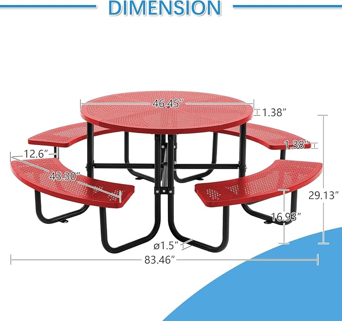 46" Round Metal Picnic Table with Umbrella Hole, Heavy Duty Portable Outdoor Dining Set, All-Weather Steel BBQ Party Table for Patio Garden Backyard, Red (Red-Round)
