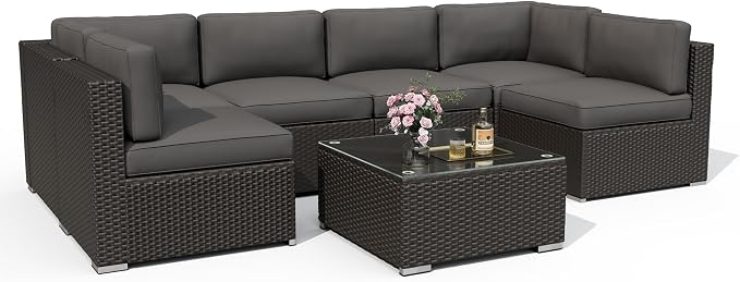 Incbruce 7-Piece Patio Furniture Set, All-Weather Conversation Set, PE Wicker Rattan Outdoor Sectional Couch with Glasstop Table and Removable Cushions (Grey)