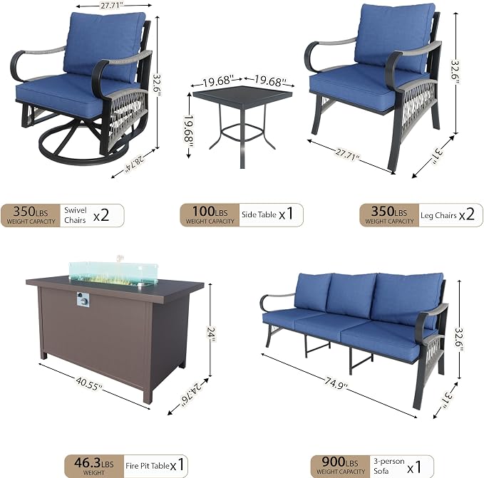 7 Pieces Modern Patio Furniture Set, All Weather Metal Outdoor Conversation Sets with Fire Pit Table for Backyard Garden Deck Porch Poolside, Blue