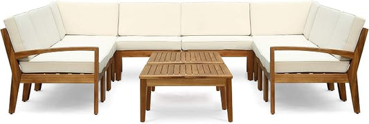 Christopher Knight Home Grena Outdoor Acacia Wood 10 Seater Sectional Conversation Set with Two Coffee Tables, Teak and Beige