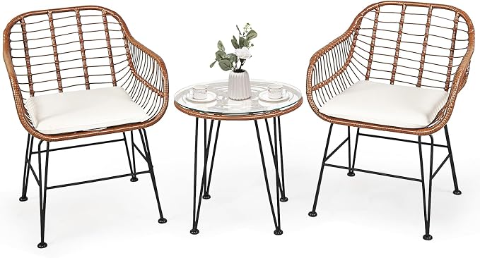 COSTWAY 3 Pieces Patio Bistro Set, Outdoor Rattan Conversation Seating Chair Set with Coffee Table & Soft Cushions, Indoor Wicker Furniture Set for Garden, Balcony, Porch, Pool,Beige
