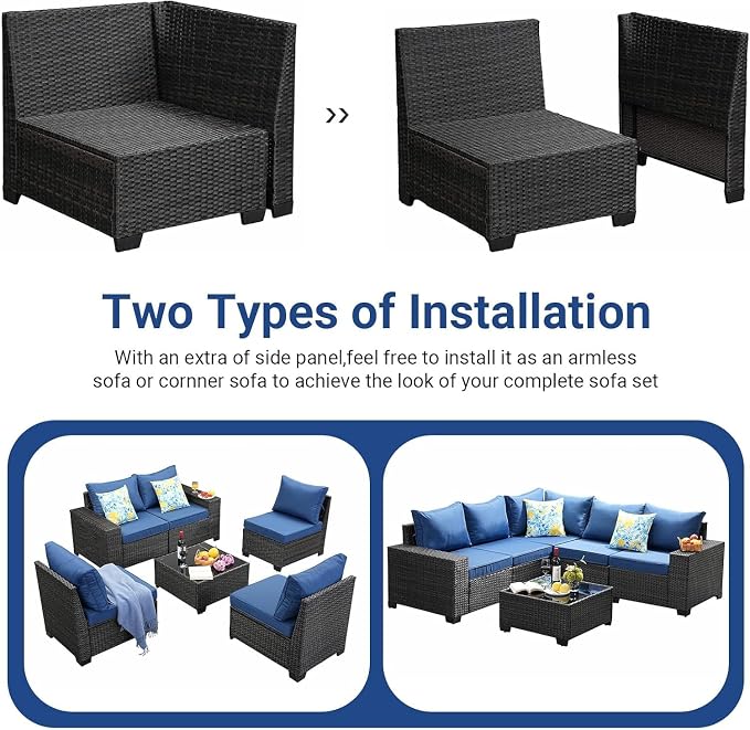 6 Pieces Patio Furniture Set, Outdoor Couch Sofa with Wider Armrests & Glass Coffee Table, Outdoor Sectional Furniture with Thick Cushions for Party, Poolside,Garden-Navy