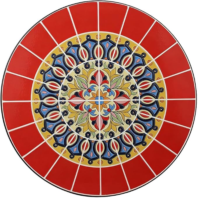 23.6" Outdoor Patio Mosaic Round Table Garden Bistro Accent Table | Ceramic Tile Waterptoof Side End Table Metal Frame Dining Table Furniture for Balcony Backyard Porch Poolside Terrace