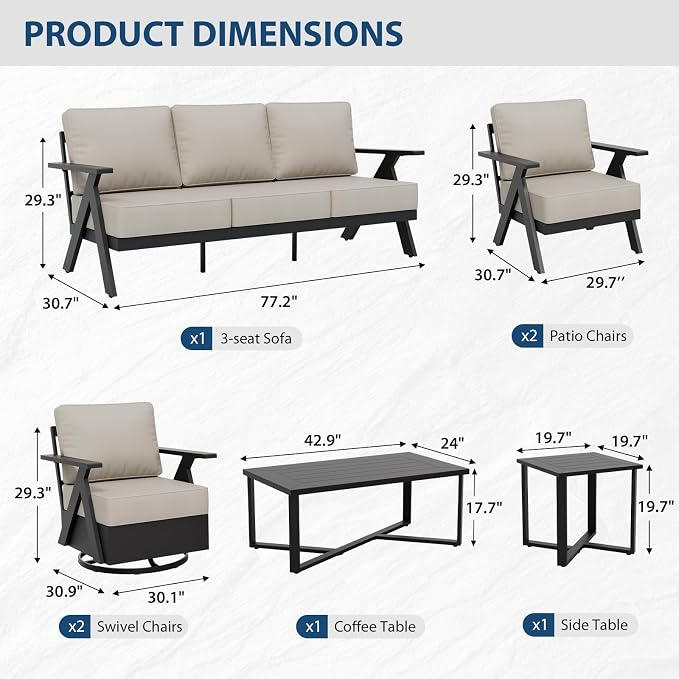 COOS BAY Iron Luxe 7 Piece Outdoor Patio Furniture Set, Modern Patio Conversation Set with Patio Chairs, Swivel Chairs, a 3 Seat Couch, Coffee Table & Side Table for Deck, Garden, Porch, Black/Beige