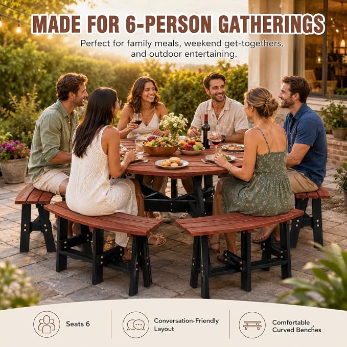 6-Person Round-Style Outdoor Picnic Table with Umbrella Hole, Curved-Edge Patio Dining Table with 3 Attached Benches, Backyard Picnic Table Set for Garden, Deck, Lawn & Camping, Brown & Black