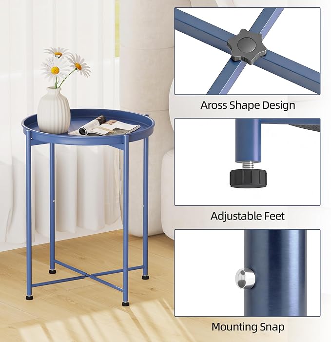 Garden 4 you Small Side Table, Blue Mini Round End Table, Tray Table with Metal Frame, Modern Nightstand for Living Room, Bedroom, Patio, Small Space, 1pcs