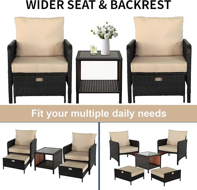 5 Piece PE Wicker Patio Furniture Set, Outdoor Conversation Chairs with Pull Out Hidden Ottoman, Soft Cushions & Glass Coffee Table, Wicker Bistro Set for Porch, Garden, Balcony, Poolside (Brown)