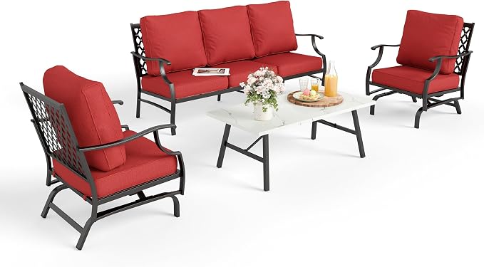 MIXPATIO Patio Furniture Set 4 pcs, Outdoor Patio Furniture, 3-Seat Sofa, 2 Rocking Chairs, Coffee Table and 5.75" Extra Thick Cushions, Conversation Set for Backyard Deck, Red