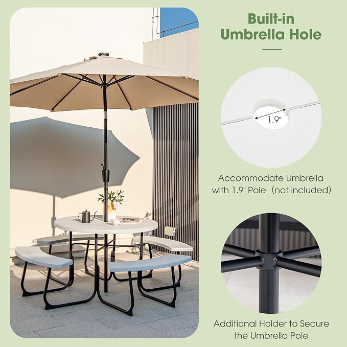 Giantex Picnic Table Set for Up to 8 Persons, Round Outdoor Table and Bench Set with Umbrella Hole, HDPE Top & Metal Frame, 2000LBS Capacity, Patio Table Bench for Deck Backyard Garden (White)