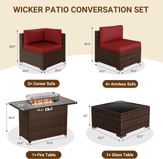 Patio Furniture Set with 44'' Propane Gas Firepit Table, 8 PCS Modular Outdoor Sectional Conversation Sets, All-Weather Wicker Patio Set for Backyard, Wine (Waterproof Covers Included)