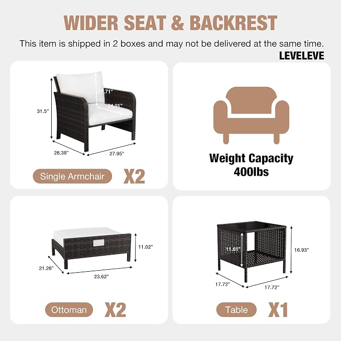LEVELEVE Patio Conversation Set 5 Piece, Balcony Furniture Outdoor PE Rattan Wicker Lounge Chairs with Soft Cushions, 2 Ottomans & Glass Table for Porch Lawn, Brown (Ivory White Cushions