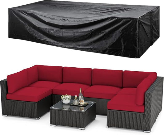 SUNCROWN Outdoor Patio Furniture Sofa Set 7 Piece All-Weather Wicker Sectional Conversation Set with Modern Glass Coffee Table, Cushions and A Waterproof Cover -Red