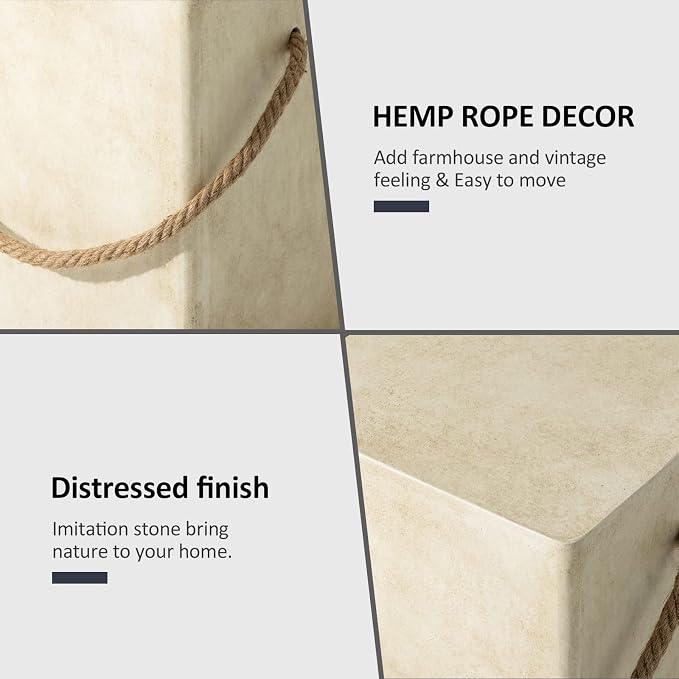 HOMPUS Outdoor Side Table w Hemp Rope Handle, Patio MgO Concrete Natural End Table, Square Accent Table, Small Coffee Table for Garden, Patio, Porch and Deck, Warm Grey
