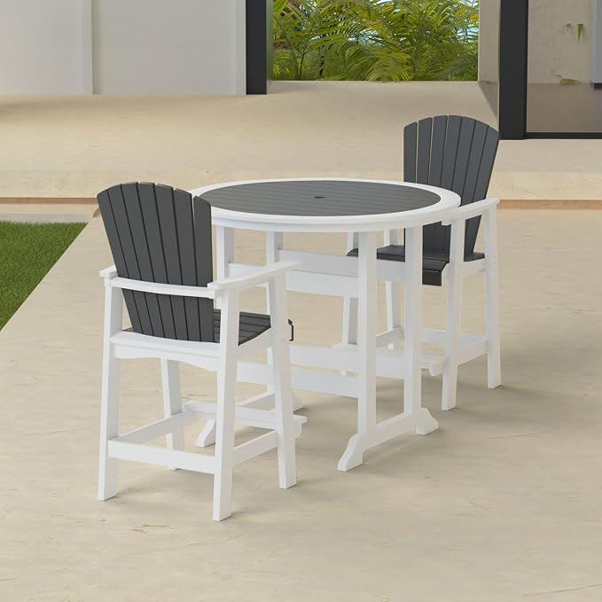 JUSTONE 47 Inch Round Outdoor Bar Table, Water-Resistant HDPE Pub Height Table for Patio, Garden, Poolside, Backyard, Balcony, Fire Pit and Lawn，Grey and White