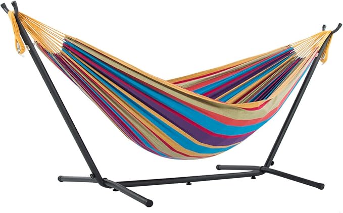 Vivere Double Cotton Hammock with Space Saving Steel Stand, Upgraded Polyester End Strings 450 lb Capacity - Premium Carry Bag Included - USA Grown Cotton (Tropical)