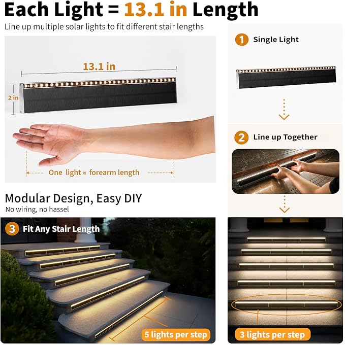 SHONELIGHTING Solar Step Lights Outside, 33 Focused LEDs, Stair Light, 12PK | Downward Lighting, High Brightness, Modular, Waterproof Aluminum, Risers, Deck, Curbsides, Planter Edges, Warm White, 3000K