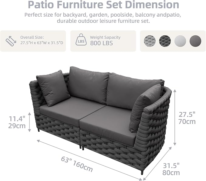 TWT 3 Piece Outdoor Patio Furniture Set, Rope Weave Patio Conversation Sofa with Water Repellent Cushions & Coffee Table,for Backyard Garden Porch Poolside,Dark Grey