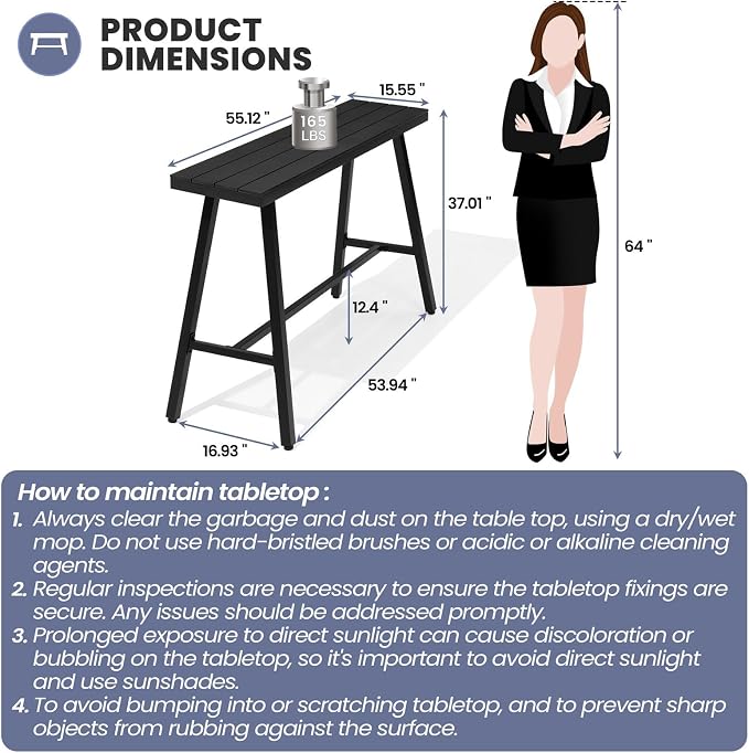 Crestlive Products Outdoor Bar Table, Patio Pub Table, 55'' Patio Bar Height Table with Weather Resistant Waterproof Top for Balcony, Bistro, Garden, Backyard, Poolside, Indoor (Black)