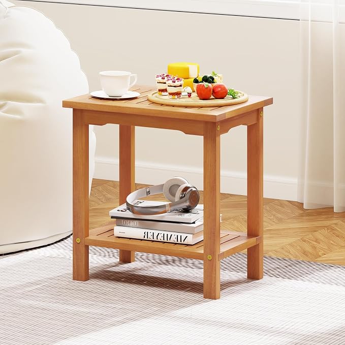 HAPPYGRILL Acacia Wood Patio Side Table, 2-Tier Accent Table with Slatted Tabletop & Storage Shelf, Wooden End Table for Living Room Poolside Balcony Porch (2)