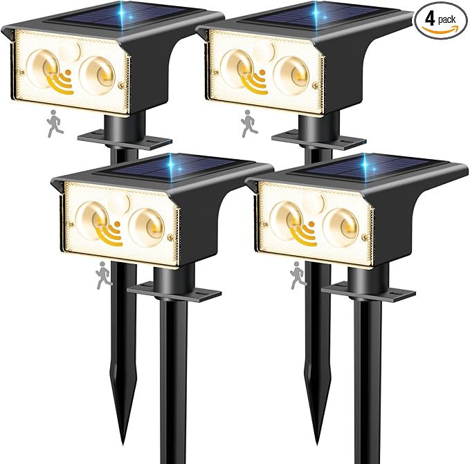 btfarm 4 Pack Solar Lights Outdoor Waterproof, Motion Sensor Outdoor Lights | 3 Modes Solar Powered Yard Garden Solar Spot Lights for Outside Pathway Landscape Lighting, Warm White