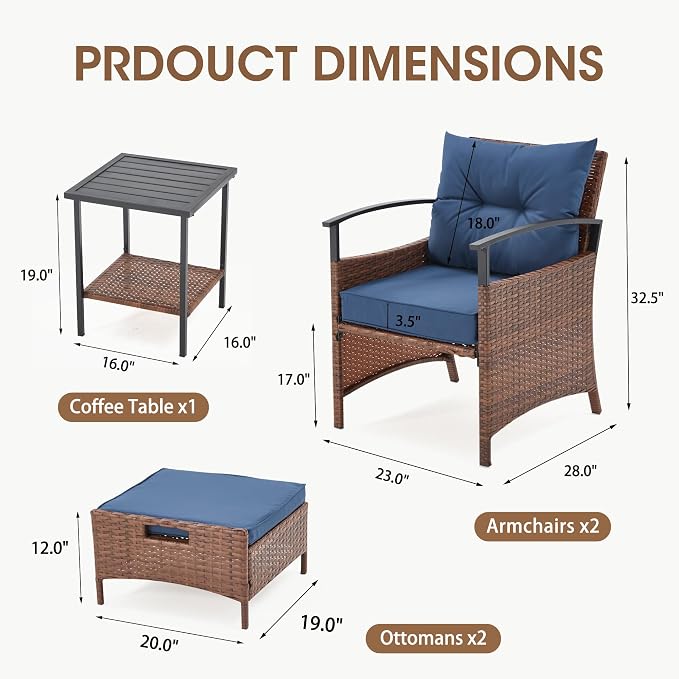 ECOTOUGE 5 Pieces Patio Furniture Set, Outdoor Wicker Chairs with Pull Out Ottoman & Metal Coffee Table, Rattan Conversation Set for Garden, Deck, Balcony, Poolside(Blue)
