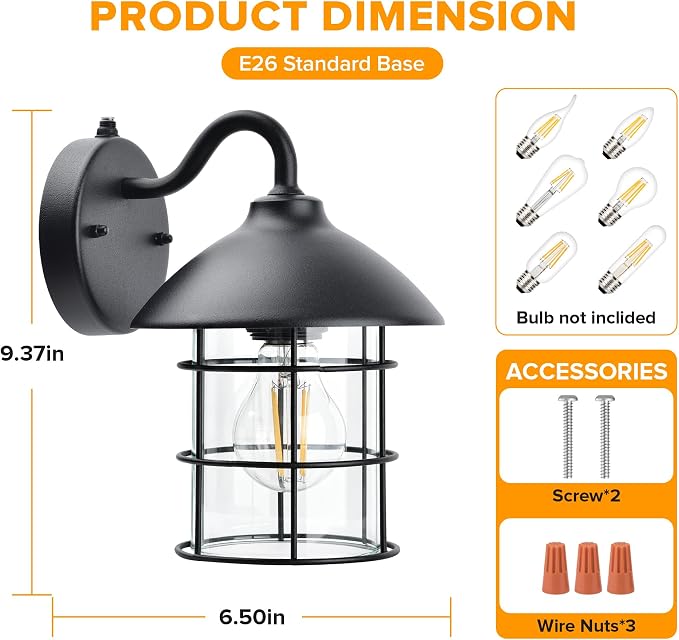 UME Dusk to Dawn Outdoor Wall Lights,Porch Lights,Waterproof Outdoor Wall Sconce, Exterior Light Fixtures E26 Base with Clear Glass Shade for House Garage Patio Front Door Balcony