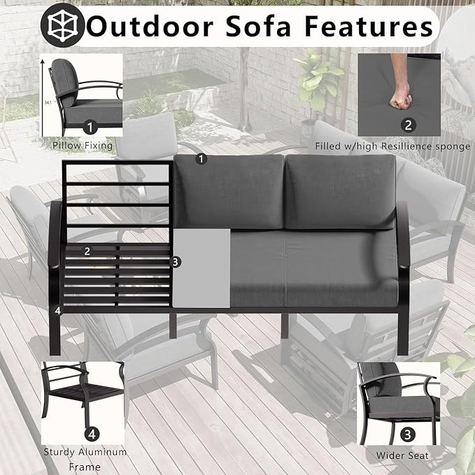 Aluminum Patio Furniture Set with 2 Round Coffee Tables, 5 Seats Outdoor Patio Conversation Sets w/5.1" Cushions,Patio Conversation Sets for Garden, Backyard, Porch-Grey