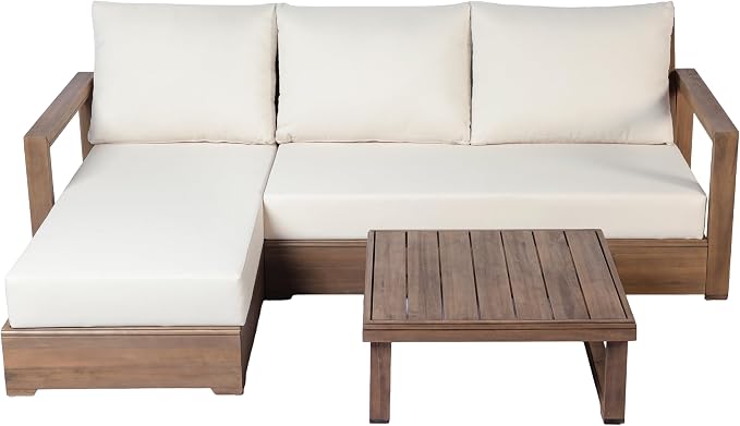 Christopher Knight Home 3-Seater L-Shaped Patio Sectional Sofa Set with Coffee Table, Acacia Wood Outdoor Furniture, Floor Seating Modular Couch Set for Backyard Porch Garden Balcony Deck, Beige+Brown