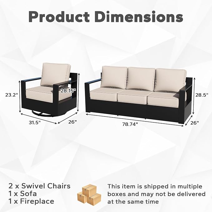 Outdoor Aluminum Furniture Set, 4-Piece Patio Conversation Set, 2 Swivel Chairs, 1 Sofa and 1 Fireplace, All-Weather Metal Frame, 6" Thick Removable Cushions, Deep Setting for Garden and Porch
