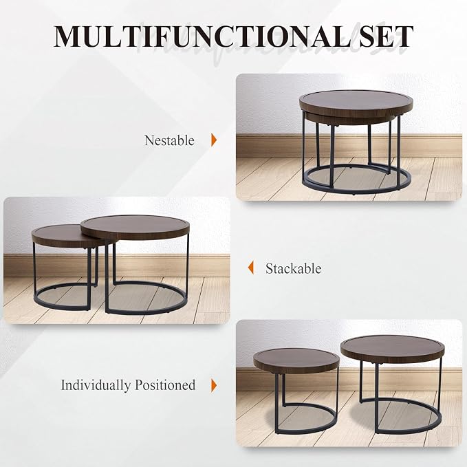 Cabana Chic Nesting Tables with Ottomans, Outdoor Round Side Table, Nesting Coffee Table Set, 2 Tables 1 Ottoman, Brown/Beige