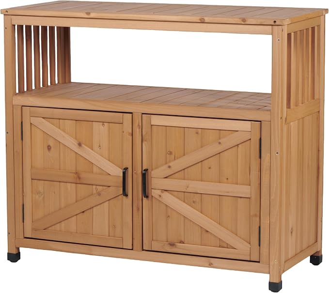 Wooden Outdoor Bar Table with Storage - Weatherproof Patio Cabinet for Deck/Backyard, Multi-Purpose Buffet Sideboard