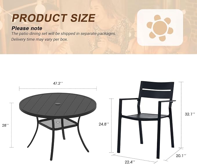 VICLLAX Patio 7 Pieces Outdoor Dining Set, Wrought Iron Metal Outdoor Table and Chairs Set, 47" Round Table with Umbrella Hole and 6 Stackable Chairs for Lawn, Garden, Porch, Black